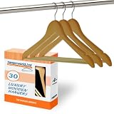 30 QUALITY WOODEN COAT CLOTHES GARMENT HANGERS WITH NON-SLIP TROUSER BAR - 45CM WIDE.