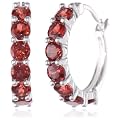 Sterling Silver Genuine Garnet Hoop Earrings (0.8" Diameter)