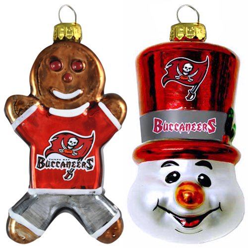 NFL Tampa Bay Buccaneers Blown Glass Gingerbread Man & Top Hat Snowman Ornament 2-Pack