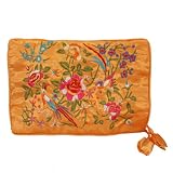 Silky Embroidered Brocade Jewelry Travel Organizer Roll Pouch - Ember Orange