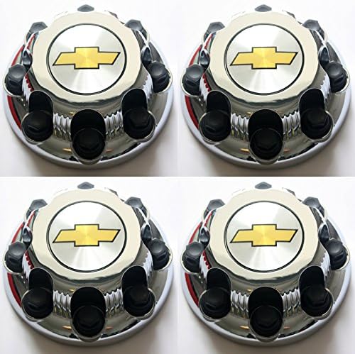 Center Caps for Chevy 8 Lug Nuts, 4pc Set of Chrome Auto Hub Covers, OEM Genuine Factory Aftermarket Replacement, Easy Bolt On - Fits 16"/17" Inch Alloy Aluminum Wheel Rims