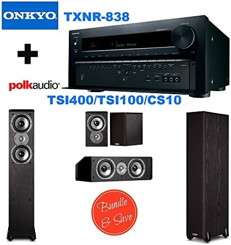 Onkyo TX-NR838 7.2-Channel Network A/V Receiver, Black + 2 Polk Audio TSi400 Speaker - 2-way - Black + Polk Audio TSi100 Bookshelf Speakers (Pair, Black) + Polk Audio CS10 Center Channel Speaker (Single, Black)