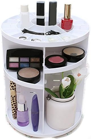 DIY Cosmetic Storage Display Boxes Multi Function Large Capacity 360 Degrees Rotating Round Makeup Organizer Brush Holder (White)