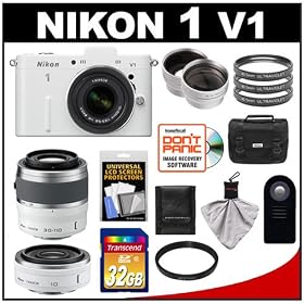 Nikon 1 V1 Digital Camera Body with 10-30mm VR Lens (White) with 10mm f/2.8 & 30-110mm Lenses + 32GB Card + Case + Filters + Remote + Wide-Angle & Telephoto Lens Kit