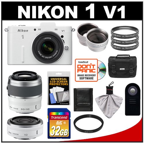 Nikon 1 V1 Digital Camera Body with 10-30mm VR Lens (White) with 10mm f/2.8 & 30-110mm Lenses + 32GB Card + Case + Filters + Remote + Wide-Angle & Telephoto Lens Kit