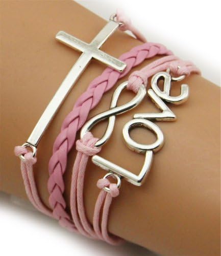 Cross Love Infinity Hearts Silver Color Pink Wax Cords Leather Braid Bracelet