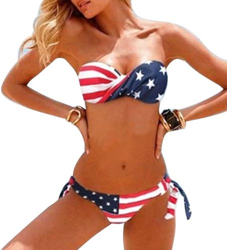 Egelbel Sexy Stars and Stripe Strapless Padded Twisted Tie Side Flag Swimsuit (L(US6-8), usflag)