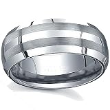 Mens Diamond Ring - Tungsten Carbide Men's Ring Wedding Band 8MM (5/16 inch) Double Brush Stripes Domed Comfort Fit (Available in Sizes 8 to 12)