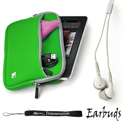 Green - Gray Trim Slim Protective Soft Neoprene Cover Carrying Case Sleeve with Extra Pocket // Fits Anywhere// For Amazon Kindle Fire Full Color 7