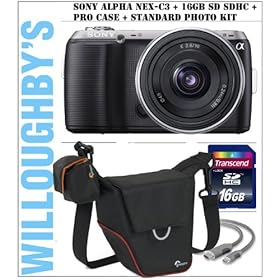 Sony Alpha NEX-C3 16MP Compact Interchangeable Lens Digital Camera Kit with 16mm F2.8 Wide Angle Lens (Black) + Transcend 16GB Class 10 SDHC Flash Memory Card + Lowepro Compact Courier Shoulder Bag (Black with Red Piping) + Willoughbys EST. 1898 Camera Emporium Bundle #1