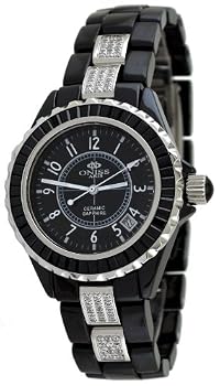 Oniss #ON8890-L Women's Stainless Steel Trim Baguette Crystal Black Ceramic Watch