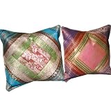 2 Deep Blue Pink Sandstrom Sari Zari Borders Toss Pillow Cushion Coversby Mogulinterior