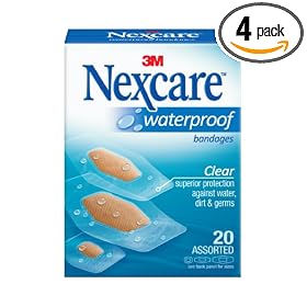 Nexcare Waterproof Clear Bandage, Assorted Sizes, 20 ct Packages (Pack of 4)