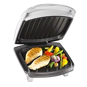 George Foreman 13627 Baby Grill Silver with sloped grill design and bun warmer - cooks up to 2 portions