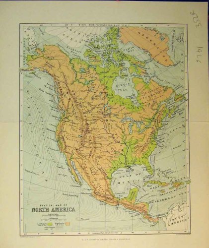 1926 PHYSICAL MAP NORTH AMERICA FLORIDA CUBA MEXICO