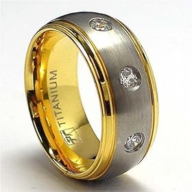 14K Gold Plated Titanium ring Wedding Band with 3 Cubic Zirconia sizes 6 to 12