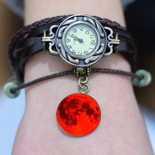 Dark Brown Leather Watch.red Moon Space Charm Watch.glass Watch. Red Moon Wrap Watch. Womens Gift. Womens Watch Space Jewellery, Galaxy, Cosmos Universe