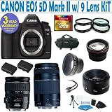 Canon EOS 5D MARK II 9 Lens Deluxe Kit with EF-S 28-135mm f/3.5-5.6 IS USM Standard Zoom Lens & EF 75-300mm f/4-5.6 III Telephoto Zoom Lens + Canon 50mm 1.8 Lens + 16GB Deluxe Accessory Kit + 3 Year Celltime Warranty