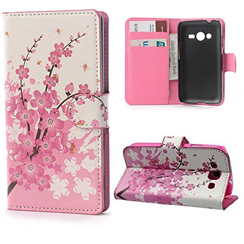 Yakamoz PU Leather Pink Sakura Wallet Folio Case Cover with Credit Card Slots for Samsung Galaxy Ace 4 G313h with Free Screen Protector & Stylus Pen