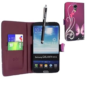 SAMSUNG GALAXY MEGA 6.3 i9200 i9205 ULTRA BUTTERFLY PURPLE CARD POCKET HOLDER PU LEATHER MAGNETIC FLIP CASE COVER POUCH + FREE STYLUS