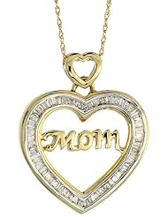 14k Gold 18 in. Chain & 1 1/16 in. (27mm) tall MOM Heart Pendant, w/ 0.50 Carat Baguette Diamonds