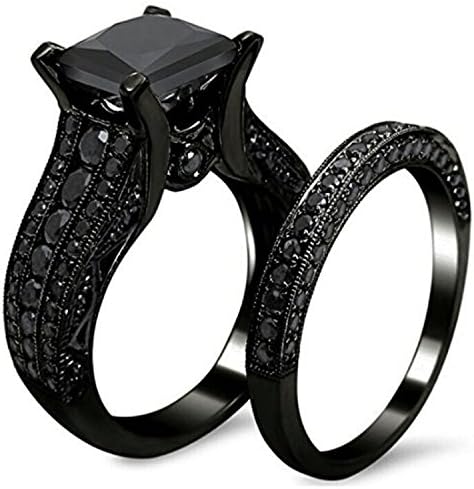 CLERO Jewelry Black Gold Sapphire Princess Cut CZ Wedding Engagement Band Bridal Rings Jewelry Set