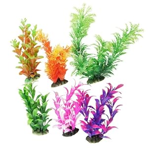 6 Pcs Assorted Color Aquarium Plastic Plant Decoration w Ceramic Base