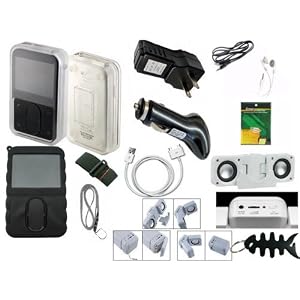 12 Items Premium Accessory Bundle Combo For Creative Zen vision M 30GB Series.( Includes: Black Silicone case + Clear Crystal Case + usb Car Charger + usb Wall Charger + usb Straight data cable + Mini Speaker + Adjustable Armband +Lanyard + Screen Protector +3.5mm~3.5mm Straight Audio cable + White Stereo Headphone + Fishbone style Keychain)