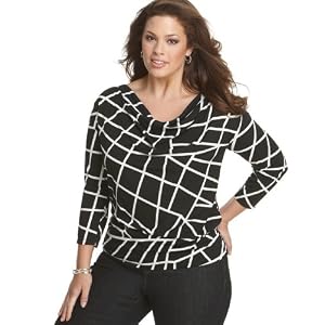 AK Anne Klein Plus Size Top, Printed Drape Neck Knit
