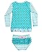RuffleButts® Infant / Toddler Girls Aqua Striped Polka LS Rash Guard Bikini