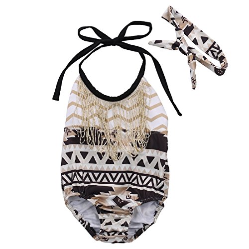 Baby Girls Halter Backless Tassels Ruffle Bodysuit with Headband (70 (0-6M))
