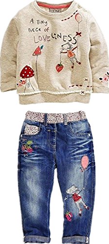 Little Girl's Long Sleeve Cartoon Pullover Shirt and Jeans Pants Outfit Set
