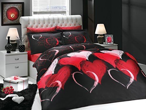 Deluxe Satin 100% Cotton 4pcs Hearts Black Double Size Duvet Quilt Cover Set I Love You Theme Bedding Linens