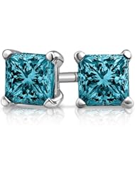 Princess Cut Blue Diamond Solitaire Stud Earrings 1/2 Carat (ctw) in 14K White Gold