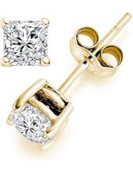 0.65 Carat F/VVS2 Princess Certified Diamond Solitaire Stud Earrings in 18k Yellow Gold