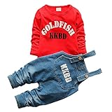 【SEBLES】ベビー服 パンツ オーバーオール デニム Tシャツ ラウンドネック 無地 プリント 長袖 コットン ロゴ 綿 ユニセックス 男の子 女の子 0歳 1歳 2歳 お洒落 カジュアル(レッド