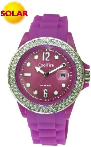 CoolFire Solar Power Fashionable Silcon Watch with Crystal Top Ring (Purple)