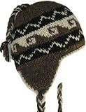 WOOL CHULLO FLEECE LINED SKI HAT TOQUE WITH EAR FLAPS WINTER KNIT BEANIE MOUNTAINEERING SKULL CAP - BROWN / BLACK WHITE G & ZIGZAG