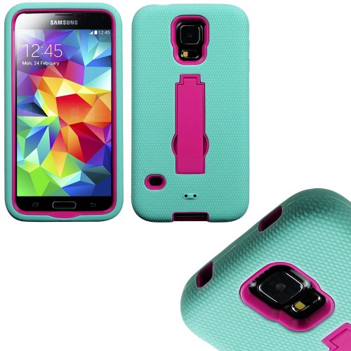 myLife Teal Blue and Rose Pink - Shock Suit Survivor Series (Built in Kickstand + Easy Grip Silicone) 3 Piece + 2 Layer Case for NEW Galaxy S5 (5g) Smartphone By Samsung (External Flex Silicone Bumper Gel + Internal 2 Piece Rubberized Snap Fitted Armor Protector + Shock Absorbing Material)
