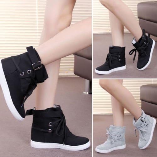 ltfei Fashion Women Lady Lace Up Sneakers Buckle Strap Hiking Flats Ankle Boots High Top Canvas Sports Flats Shoes Winter Autumn Black 38