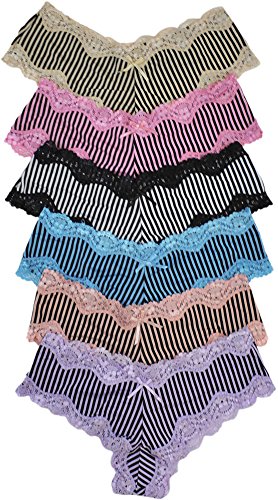 ToBeInStyle Women's Pack of 6 Tangas with Pinstripes and Lace Trim