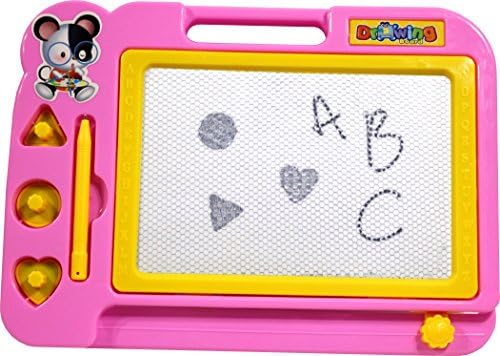 Reliable Home Products - Erasable Magnetic Drawing Board for Kids with Stamps Shapes and Pen - Best Doodle Toy Sketcher Game great for Children, Craft, Writing Pad - Travel Size, Color Pink