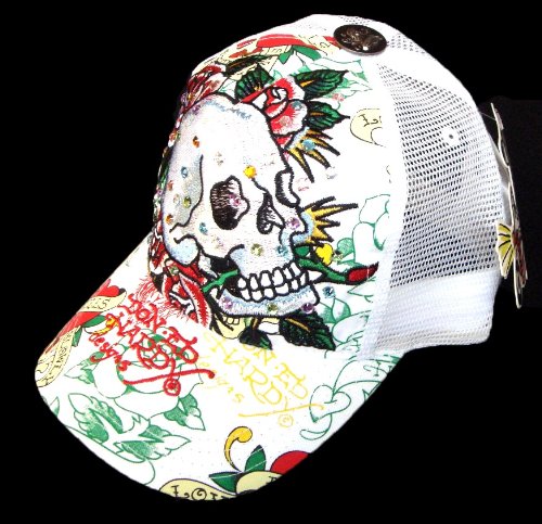 New 2009 Ed Hardy By Christian Audigier "Skull and Roses" Rhinestone Tattoo Trucker Hat Cap