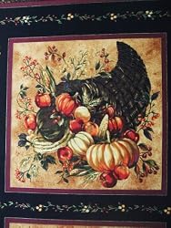 Elegant Harvest Cornucopia Horn of Plenty P & B Autumn Thanksgiving Fabric Panel