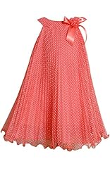 Girls Dots Print Nylon/Polyester Sleeveless Mesh Crystal   Pleated Knee Length Party Dress  With a Bow(s) and Ruffles