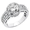 .925 Sterling Silver Round-cut CZ Cubic Ziconia Solitaire with side-stone Ladies Wedding Engagement Ring Band (Size 5 to 9)