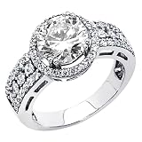 .925 Sterling Silver Round-cut CZ Cubic Ziconia Solitaire with side-stone Ladies Wedding Engagement Ring Band (Size 5 to 9)