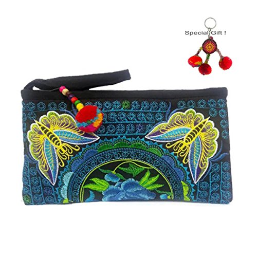 Clutch Cosmetic Bag Wristlet Embroidered Handbag Wallet Purse Blue
