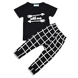 【ノーブランド 品】ラウンドネック　コットン　アロー柄　半袖　タータンチェック　ズボン　子供セット　全4サイズ - Jaune, 80