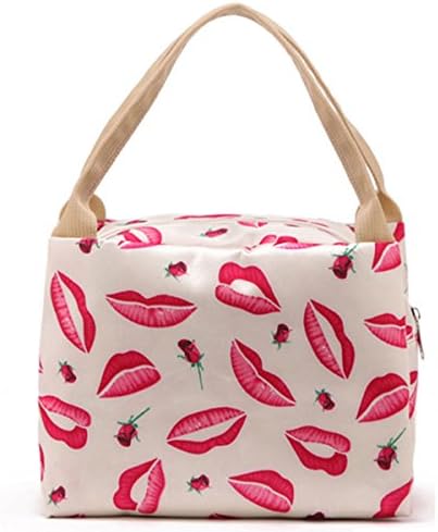 Culon Linen Cotton Picnic Reusable Lunch Bag Tote, Travel Organizer Box Garocery Bags with Zipper, Red Kisses